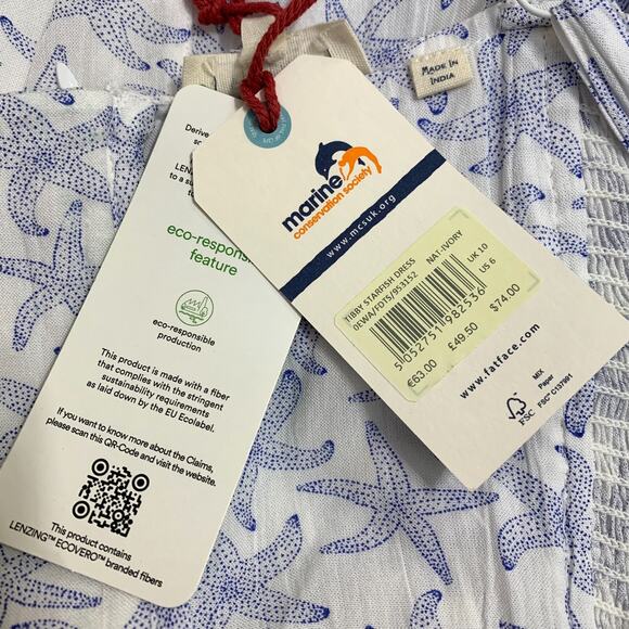 BOGO FREE! FAT FACE Ivory/Indigo TIBBY Starfish Midi Dress ECO-Responsible Sz 6 - Picture 10 of 16